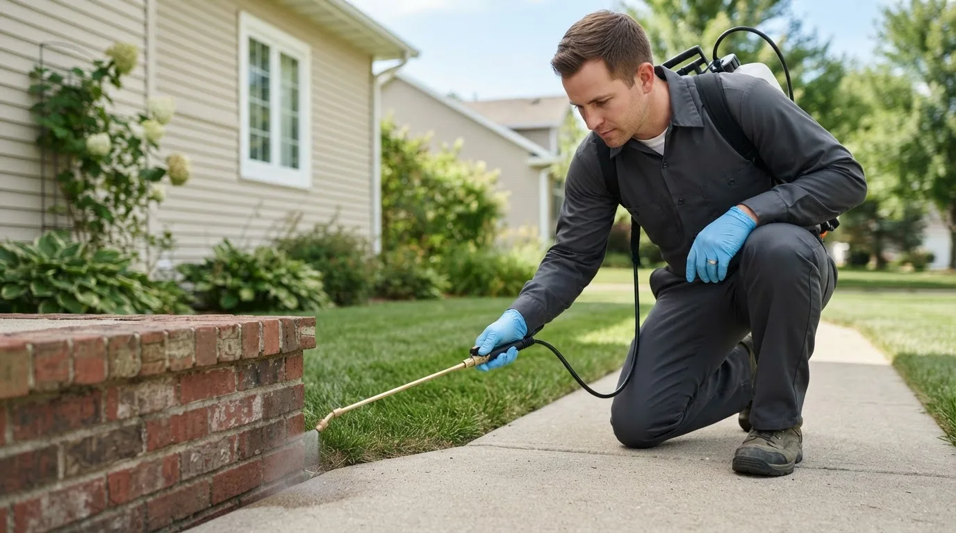 Pest control technician treating a home near Cheshire, CT